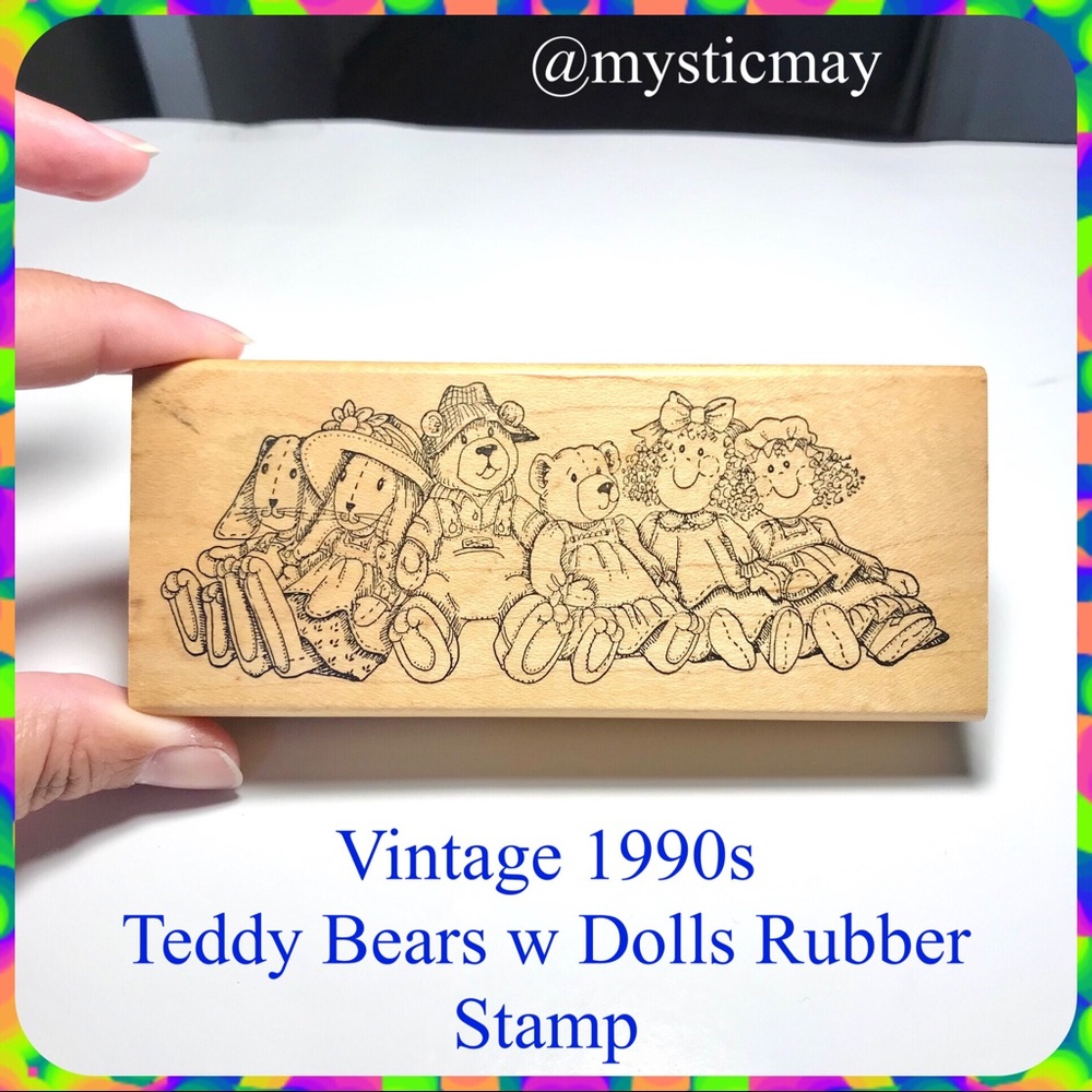 Vintage 1990s ART IMPRESSIONS Teddy Bear w Bunny & Dolls Toys Wood Mounted Stamp